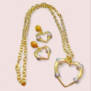 Vintage 80s Heart Pendant Necklace and Post Earrings *Rare Find*